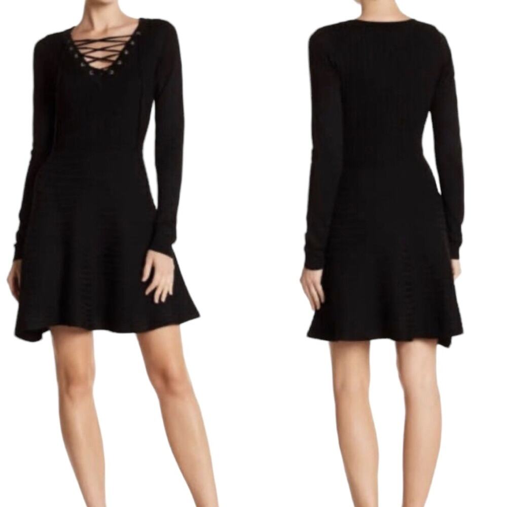 Nina Leonard Lace Up Ribbed Fit and Flare Knit Sweater Dress Small NWT